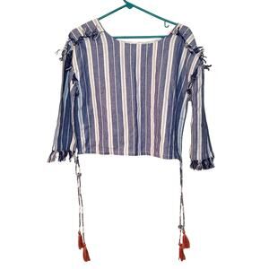 Tula Rosa Size Small S 100% Cotton Top Fringe Blue White Adjustable Waist Blouse